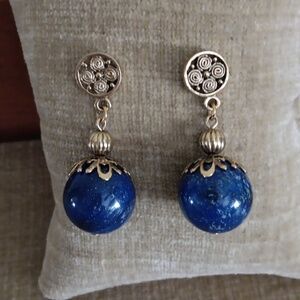Gold Tone Faux Lapis Blue Dangle Bead Post Earrings